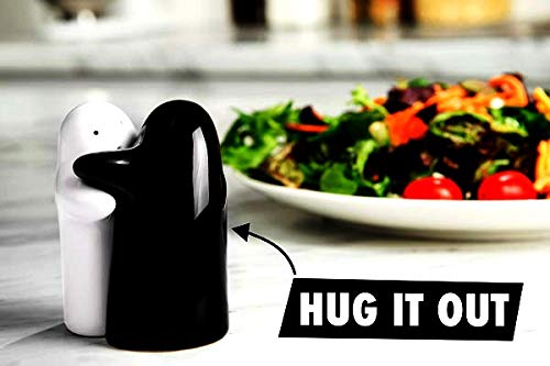 Belle Being Salt and Pepper Seasoning and Spice Shakers Cute, Novelty, Modern and Vintage Hug Design Couple Set, Easy to Refill and Dispense for Halloween Ghost Shaker (Black and White)