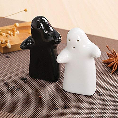 Belle Being Salt and Pepper Seasoning and Spice Shakers Cute, Novelty, Modern and Vintage Hug Design Couple Set, Easy to Refill and Dispense for Halloween Ghost Shaker (Black and White)